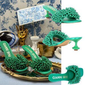 🆕 GIANNI BINI 🧿 NWOB Lonzo Beaded Square Toe Slide Sandals, Savory Green, Sz 8